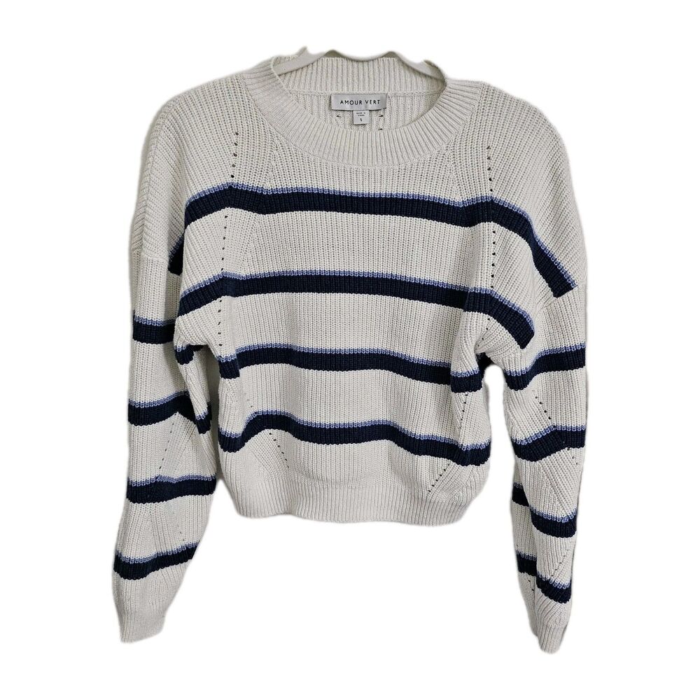 Amour Vert Sweater Small White Blue Striped Linen Cotton Pullover Knit Crewneck